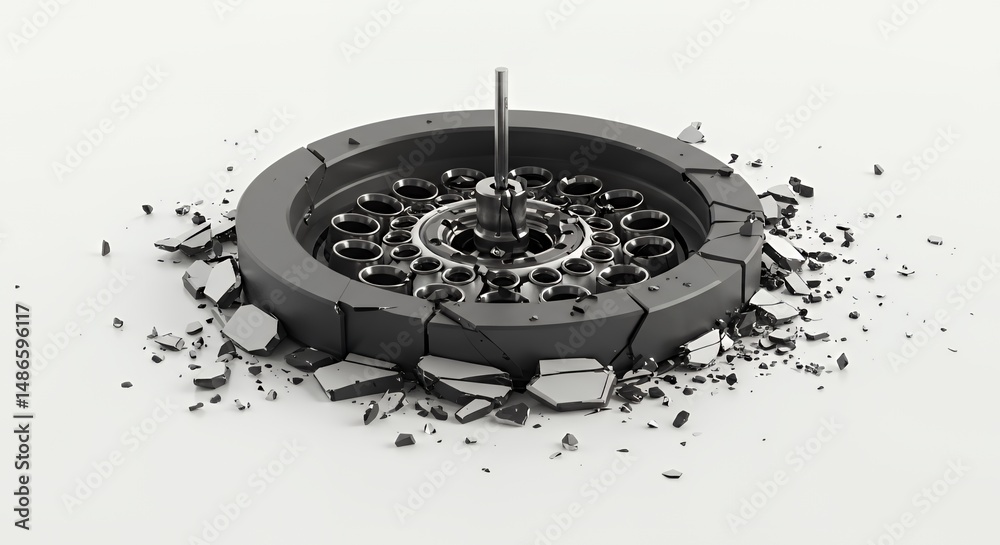 Shattered Monochromatic Mri Machine Remains Isolated on White Screen Background Depicting Damage Repair and Technological Breakdown Perfect for Advertising and Conceptual Design
