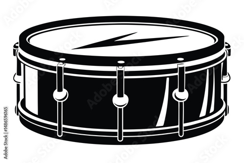Black and white snare drum displays musical instruments with detailed band and drumhead design