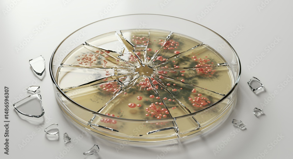 Shattered Petri Dish with Broken Glass Isolated on White Screen Background Symbolizing Scientific Setbacks In Laboratory Environment For Science and Research Related Projects