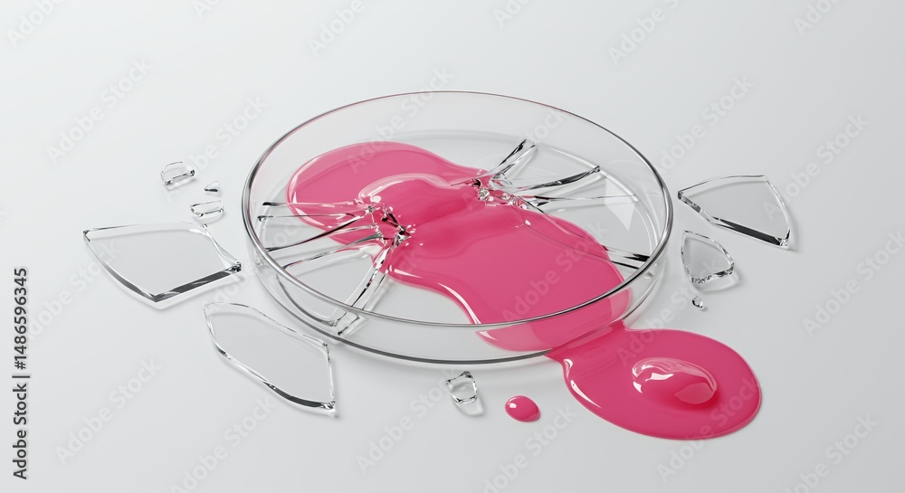 Shattered Pink Culture Petri Dish Isolated on White Screen Background Broken Glass Fragments and Splattered Liquid for Science Experiment Failure Concept