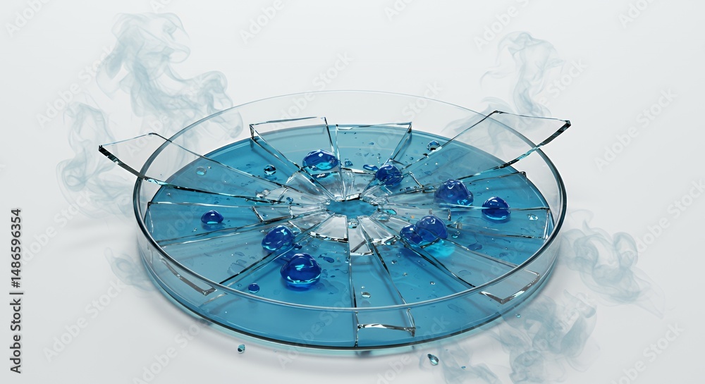 Shattered Petri Dish with Splattered Culture on Isolated White Screen Background Featuring Damage Detail and Experiment Failure
