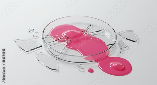 Obraz na płótnie Shattered Pink Culture Petri Dish Isolated on White Screen Background Broken Glass Fragments and Splattered Liquid for Science Experiment Failure Concept w salonie