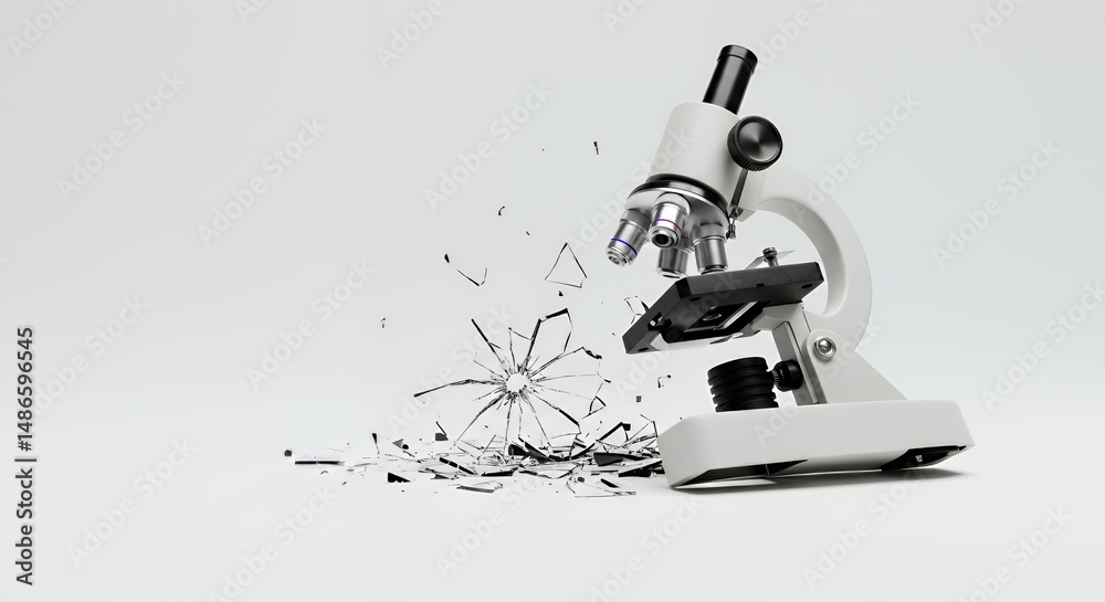 Shattered White Microscope Isolated on White Screen Reflecting Broken Dreams And Scientific Failure