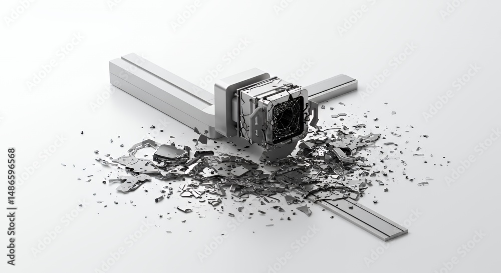 Shattered X-ray Machine Fragments Isolated on White Screen Background Revealing Technological Failure and Frustrated Healing Perfect for Medical Technology Concepts and Innovative Solutions Ads