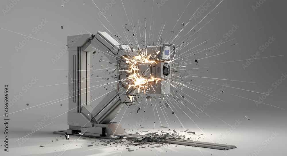 Shattered X-Ray Machine Radiating Fractured Lines On Isolated White Screen Background Photorealistic Medical Equipment Technology Healthcare Radiology Damage Repair Concept Backdrop Studio