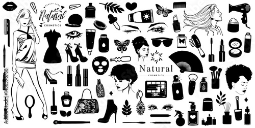 Beauty Essentials Silhouette: A collection of beauty products and feminine elements, creating a visual guide to the world of cosmetics, beauty, fashion, and lifestyle.