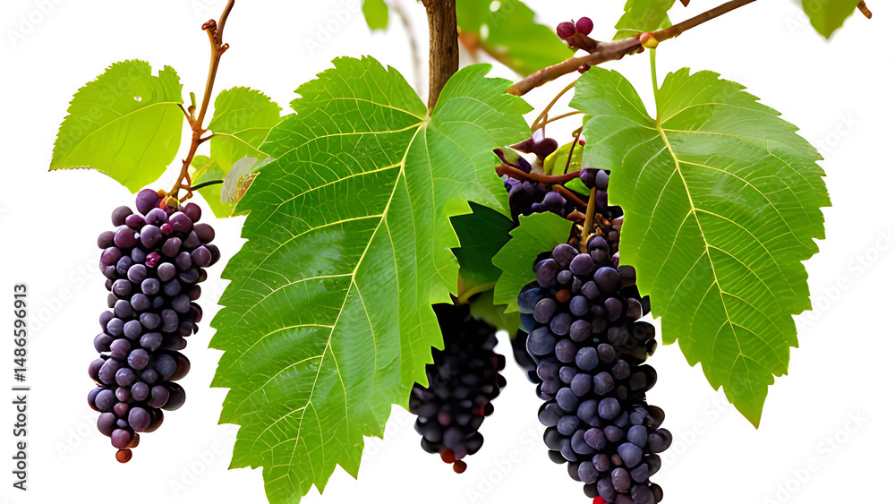Obraz premium Purple grape cluster hanging with vine detail, isolated on white with rich color and healthy shine.