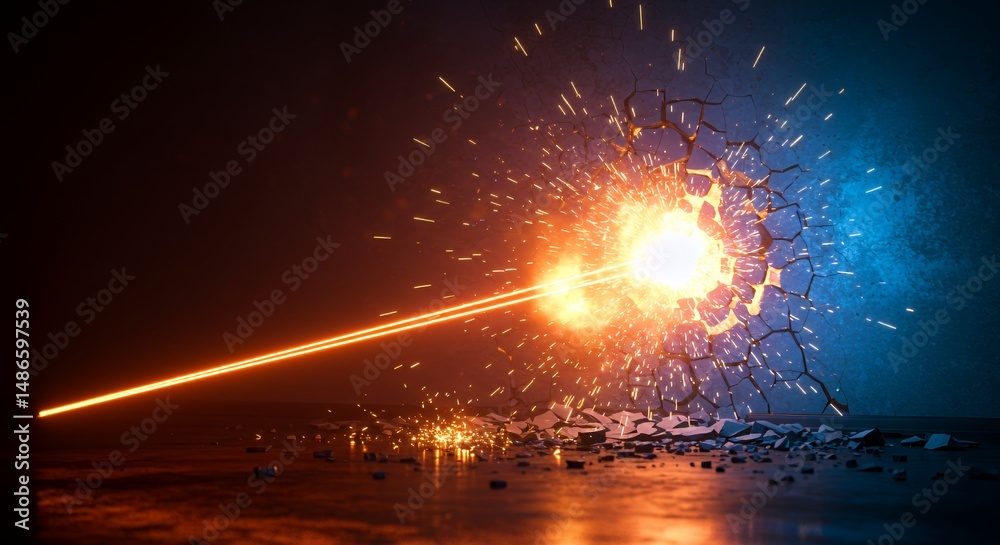 Wall Ravaged By Swarm Of Tiny Mechanical Drill Bits After Industrial Accident Isolated On White Screen Background Showing Intense Orange and Blue Light Explosion With Chunks of Debris