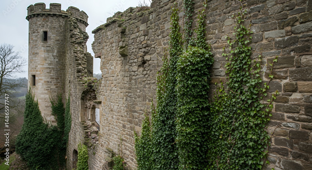 Weathered Stone Ruin Partially Covered in Ivy Isolated on White Screen Background Indicating Age and Decay and Ancient Architecture