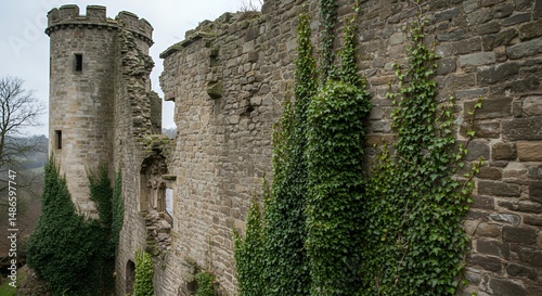 Obraz na płótnie Weathered Stone Ruin Partially Covered in Ivy Isolated on White Screen Background Indicating Age and Decay and Ancient Architecture w salonie