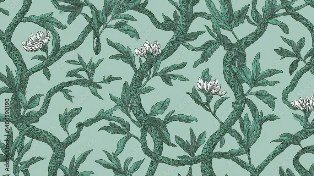 Fototapeta premium Floral pattern with green branches and leaves on a light green background.