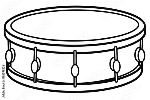 A black and white outline of a snare drum with tuning lugs appears ready