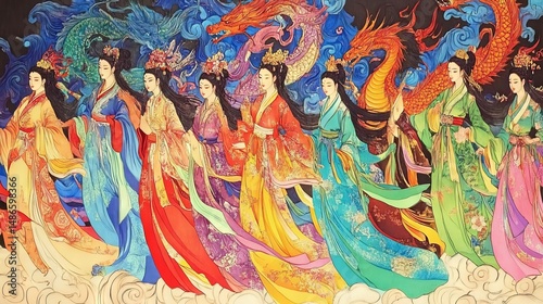 Vibrant Chinese Mythological Painting of Goddesses