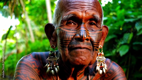 Elderly tribal man with traditional face and body tattoos sitting in lush green tropical forest