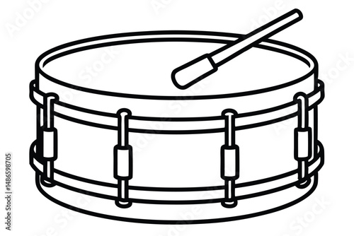 The isolated black outline of a snare drum features a single drumstick on top