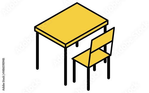 Simple and cute isometric line art of a desk and chair in a school classroom
