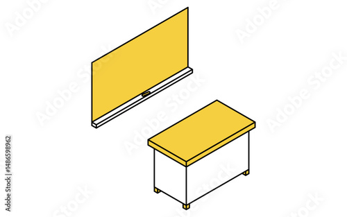 Simple and cute isometric line art of a blackboard and teaching table in a school classroom