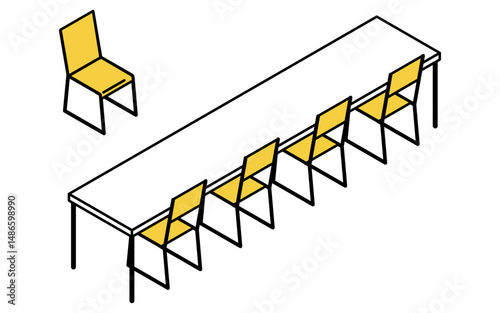 Simple and cute isometric line art illustration of a long desk and chair in an interview room
