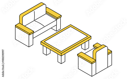 Simple and cute isometric line art illustration of a reception room set with sofa and low table
