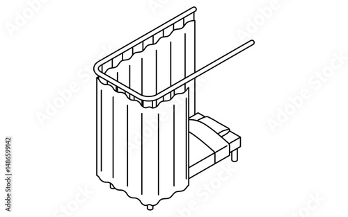 Simple and cute isometric line art illustration of a hospital room or infirmary bed enclosed by curtains