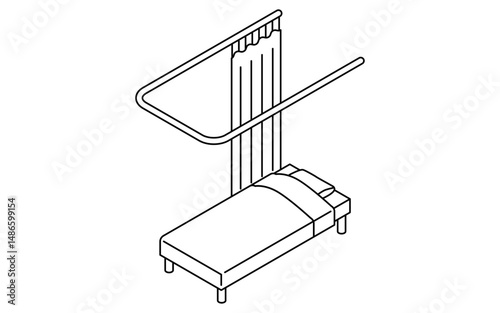 Simple and cute isometric line art illustration of a hospital or infirmary bed with curtains open
