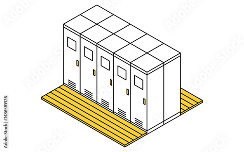 Simple and cute isometric line art illustration of locker rooms and locker rooms lined up back to back
