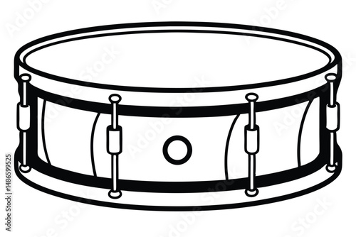 Black and white snare drum shows musical percussion instrument with hardware detail against a white background
