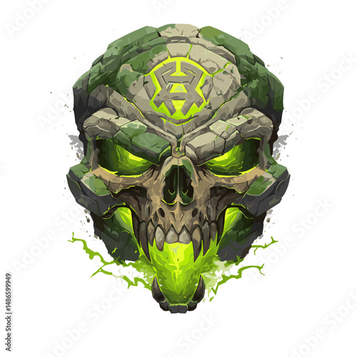 Vector esports logo featuring a stylized skull with glowing green eyes and a vibrant energy effect