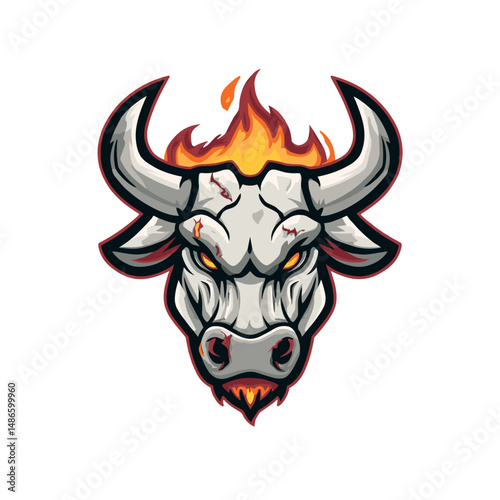 Creative vector esports logo featuring a fierce bull head with flames and sharp details for competitive gaming branding