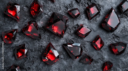 On a gray countertop, a grouping of red and black diamonds is situated in front of a white backdrop