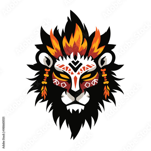 Unique vector esports logo featuring a fierce lion's head with vibrant colors and tribal elements designed for a competitive gaming team