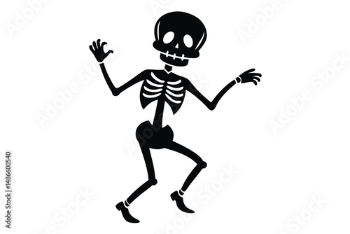 Spooky silhouette of cartoon skeleton walks with raised arms for Halloween celebrations and decorations