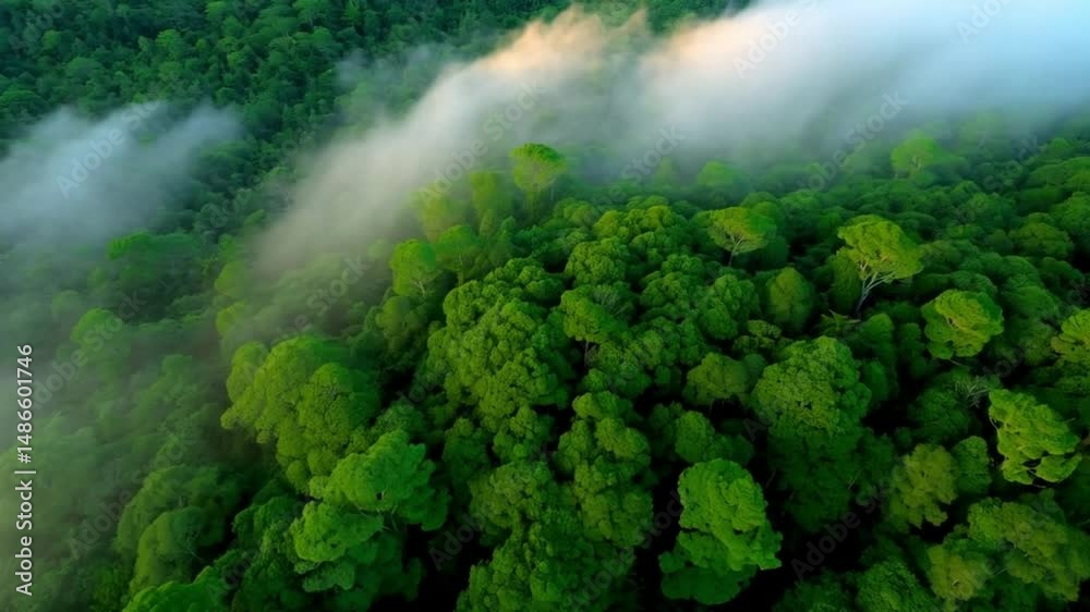 Aerial drone view of a dense green forest covered in soft morning fog, mist rising between the trees