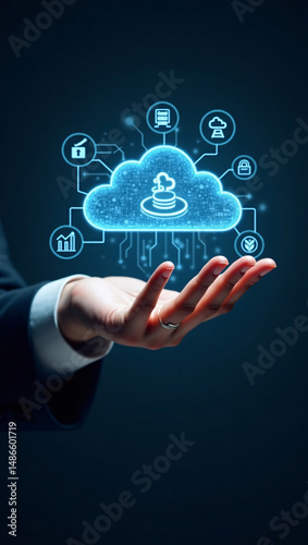 A digital cloud hovers above an open hand, glowing with interconnected icons and data streams, symbolizing modern technology