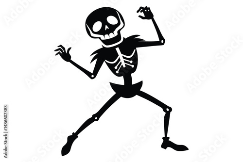 Isolated black skeleton figure strikes a spooky pose against a white background