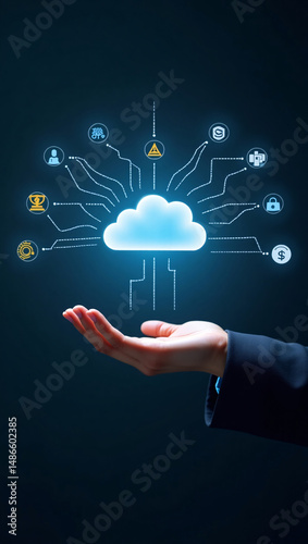 Wallpaper Mural Hand holding a glowing cloud icon with circuit lines connecting to various digital symbols. The image represents cloud computing and data connectivity.  Torontodigital.ca