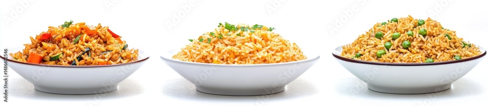 Three bowls of fried rice, different variations