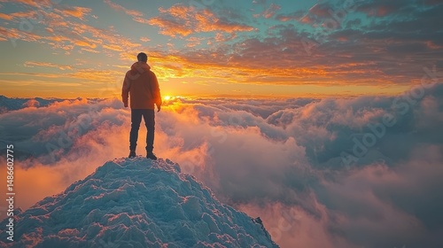 A determined businessman ascends a rugged mountain peak, his silhouette framed against a vibrant sunrise, his gaze fixed on the horizon, a symbol of perseverance, leadership, and the indomitable 