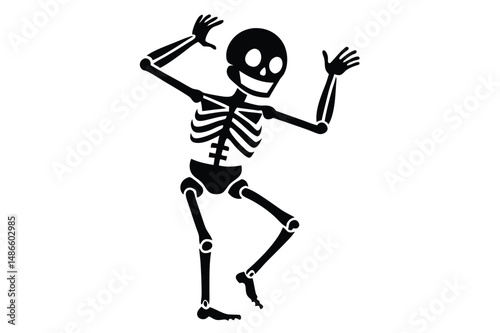 Silhouette shows black skeleton standing with raised hands and a dancing pose