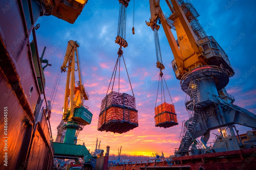 Fototapeta premium Workers load pallets onto a ship as sunset paints the sky in vibrant colors. Cranes tower above, reflecting the hustle of port activities at dusk