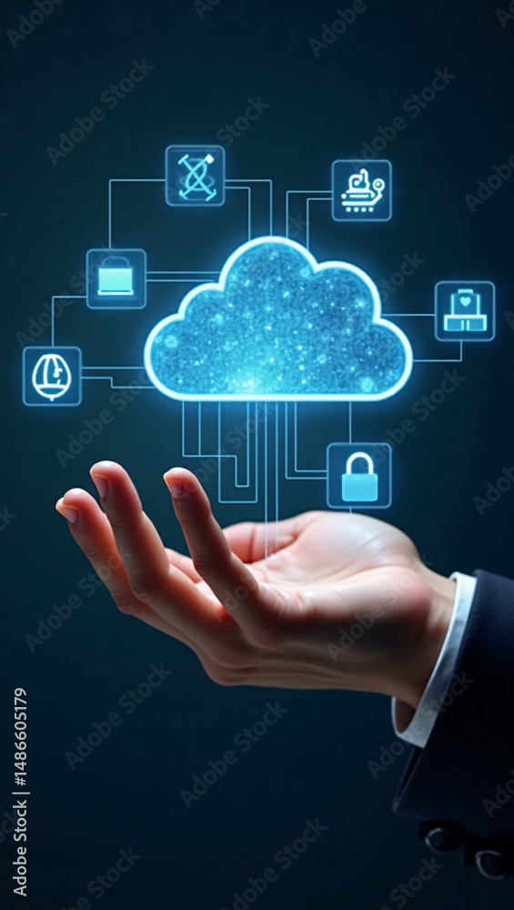 Naklejka premium A hand gently cradles a digital cloud with linked icons above a dark surface