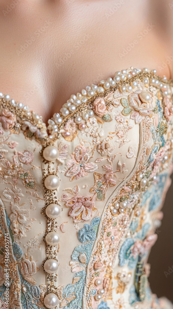 Obraz premium Elegant rococo fashion: close-up of golden embroidered corset for luxury design inspiration