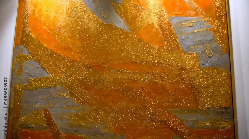 Gold, gray and orange abstract artwork with metallic finish and heavy texture on a canvas, hanging in a frame in gallery or home interior.