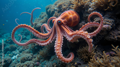 Alive octopus underwater swimming in the Aegean Sea. Oktopus vulgaris in the Mediterranean ocean beneath Posedonia algae