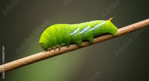 Green Caterpillar on Branch Macro Nature Spring Time Growth Insect Worm Larva Garden Pest Leaf Eater Outdoor Wildlife Biology Crawling Animal Nature