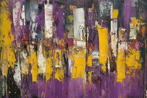 Abstract cityscape.  Vibrant vertical forms in purple, yellow, and white photo