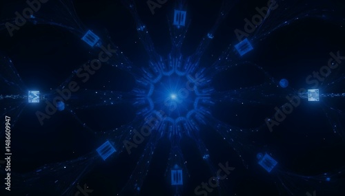 featuring a network of interconnected lines and geometric shapes in shades of blue and cyan against a transparent background.