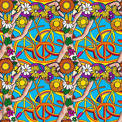 peace signs and flowers in 70s aesthetic