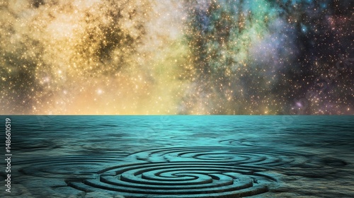 Labyrinth floating above sea of stars representing paths the multiverse choices glowing with consequence