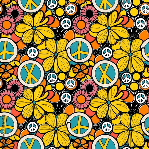 peace signs and flowers in 70s aesthetic
